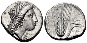 LUCANIA. Metapontum. Circa 330-290 BC. Didrachm or nomos (Silver, 19 mm, 7.90 g, 11 h). Head of Demeter to right, wearing wreath of barley ears and tr...
