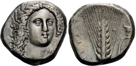 LUCANIA. Metapontum. Circa 330-290 BC. Nomos or Didrachm (Silver, 18.5 mm, 7.83 g, 8 h), Ap... and Atha... Head of Demeter facing, turned slightly to ...