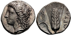 LUCANIA. Metapontum. Circa 330-290 BC. Nomos or Didrachm (Silver, 21 mm, 7.81 g, 9 h), Atha.... Head of Demeter to left, wearing grain wreath, triple ...
