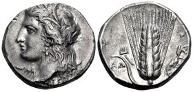 LUCANIA. Metapontum. Circa 330-290 BC. Didrachm or nomos (Silver, 20 mm, 7.93 g, 7 h). Head of Demeter to left, wearing grain wreath, triple pendant e...