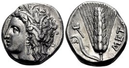 LUCANIA. Metapontum. Circa 330-290 BC. Didrachm or nomos (Silver, 20 mm, 7.88 g, 11 h). Head of Demeter to left, wearing grain wreath, triple pendant ...