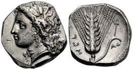 LUCANIA. Metapontum. Circa 330-290 BC. Didrachm or nomos (Silver, 21 mm, 7.94 g, 1 h), Ad.... Head of Demeter to left, wearing grain wreath, triple pe...