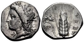LUCANIA. Metapontum. Circa 330-290 BC. Didrachm or nomos (Silver, 20 mm, 7.93 g, 9 h), Ly... Head of Demeter to left, wearing grain wreath, triple pen...