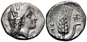 LUCANIA. Metapontum. Circa 330-290 BC. Didrachm or nomos (Silver, 20 mm, 7.96 g, 2 h), Ly... Head of Demeter to right, wearing wreath of barley ears, ...