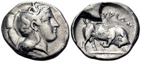 LUCANIA. Thourioi. Circa 400-350 BC. Stater (Silver, 22 mm, 7.71 g, 5 h). Head of Athena to right, wearing crested Attic helmet adorned with Skylla to...