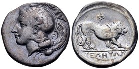 LUCANIA. Velia. Circa 340-334 BC. Didrachm or nomos (Silver, 22.5 mm, 7.48 g, 3 h). Head of Athena to left, wearing Attic helmet adorned with a griffi...