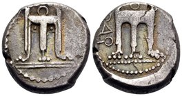 BRUTTIUM. Kroton. Circa 430-420 BC. Didrachm or nomos (Silver, 18.5 mm, 8.06 g, 5 h). Tripod with three handles, ornamental volutes below the bowl, an...