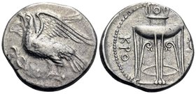 BRUTTIUM. Kroton. Circa 350-300 BC. Nomos (Silver, 21.5 mm, 7.59 g, 9 h). Eagle standing left on olive branch. Rev. KPO Tripod; to right, barely visib...