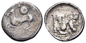 SICILY. Gela. Circa 430-425 BC. Litra (Silver, 12 mm, 0.69 g, 6 h). Horseman to left, holding shield and spear. Rev. ΓΕΛΑΣ Forepart of Acheloos as a m...