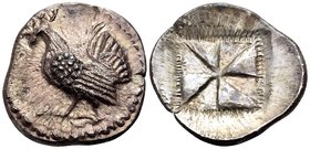 SICILY. Himera. Circa 530-483/2 BC. Drachm (Silver, 22 mm, 5.70 g). Rooster standing to left. Rev. Mill sail pattern within a square, border of rays, ...