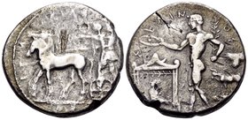 SICILY. Selinos. Circa 455-409 BC. Tetradrachm (Silver, 26.5 mm, 15.91 g, 3 h). ΣΕΛΙΝΟΝΤΙΟΣ ( retrograde ) Apollo and Artemis standing left in a quadr...