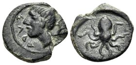 SICILY. Syracuse. Second Democracy, Circa 435-415 BC. Onkia (Bronze, 11 mm, 0.95 g, 9 h), c. 425-420. ΣYPA Head of Arethusa to left; behind, dolphin s...