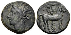 CARTHAGE. Circa 400-350 BC. Unit (Bronze, 15 mm, 2.99 g, 3 h). Wreathed head of Tanit to left. Rev. Horse standing right; behind, palm tree. MAA 18. S...