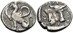 THRACE. Abdera. Circa 395-360 BC. Tetrobol (Silver, 15 mm, 2.61 g, 5 h), Kleantides. Griffin seated to left, right forepaw raised. Rev. K-ΛEA-N-TI-ΔHΣ...