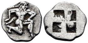 ISLANDS OFF THRACE, Thasos. 500-480 BC. Trihemiobol or 1/8 Stater (Silver, 12 mm, 1.15 g). Satyr running to right. Rev. Quadripartite incuse square. L...