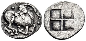 THRACO-MACEDONIAN TRIBES, Mygdones or Krestones. Circa 490-485 BC. 1/8 Stater (Silver, 12 mm, 0.98 g). Goat kneeling right on pelleted ground line, hi...