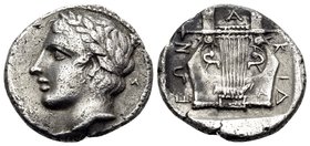 MACEDON, Chalkidian League. Circa 400 BC. Tetrobol (Silver, 13 mm, 2.31 g, 12 h), Olynthos. Laureate head of Apollo to left; behind head, Λ. Rev. Χ-Α-...