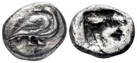 MACEDON. Eion. Circa 480-470 BC. Diobol (Silver, 10 mm, 1.04 g). Goose standing to right, head turned to left. Rev. Rough incuse square. SNG ANS 272. ...