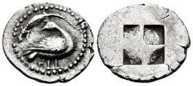 MACEDON. Eion. Circa 460-400 BC. Trihemiobol (Silver, 12.5 mm, 0.95 g). Goose standing to right, head turned back to left; above, lizard to left; belo...