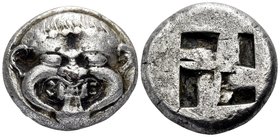 MACEDON. Neapolis. Circa 500-480 BC. Stater (Silver plated bronze, 19 mm, 6.86 g), plated. Gorgoneion facing with extended tongue. Rev. Quadripartite ...