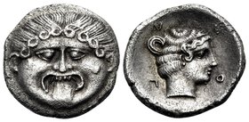 MACEDON. Neapolis. Circa 424-350 BC. Hemidrachm (Silver, 14 mm, 1.72 g, 9 h). Facing gorgoneion. Rev. N-E-O-Π Head of nymph to right. SNG ANS 430. Wel...