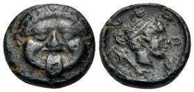 MACEDON. Neapolis. Circa 424-350 BC. Chalcous (Bronze, 11 mm, 1.74 g, 6 h). Facing gorgoneion. Rev. NEOΠO Head of nymph to right; below left, dolphin ...