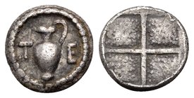 MACEDON. Terone. Circa 424-422 BC. Tetartemorion (Silver, 7 mm, 0.21 g). Oinochoe to left. Rev. T-E Quadripartite incuse square. Hardwick Group IV, 14...