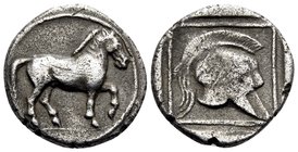 KINGS OF MACEDON. Perdikkas II, 451-413 BC. Tetrobol (Silver, 15 mm, 1.81 g, 6 h), light standard, Aigai, c. 420-413. Horse walking to right. Rev. Cre...
