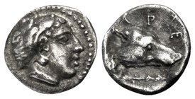 KINGS OF MACEDON. Archelaos, 413-400/399 BC. Obol (Silver, 8 mm, 0.59 g, 10 h), Aigai. Beardless head of Herakles right, wearing lion's skin headdress...