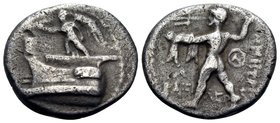 KINGS OF MACEDON. Demetrios I Poliorketes, 306-283 BC. Hemidrachm (Silver, 13 mm, 1.99 g, 12 h), Tarsos, c. 298-295. Nike on prow of galley to left, b...