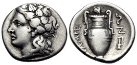 THESSALY. Lamia. Circa 360s-350s BC. Hemidrachm (Silver, 15.5 mm, 2.72 g, 12 h). Head of Dionysos to left, wearing ivy wreath. Rev. ΛΑΜΙΕ-ΩΝ Amphora w...