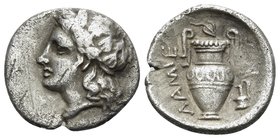 THESSALY. Lamia. Circa 360s-350s BC. Obol (Silver, 11.5 mm, 0.84 g, 9 h). Head of Dionysos to left, wearing ivy wreath. Rev. ΛΑΜΙΕ-ΩΝ Amphora with tal...