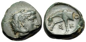THESSALY. Skotussa. Circa 394-367 BC. Chalkous (Bronze, 12.5 mm, 2.92 g, 12 h). Head of youthful, beardless Herakles to left, wearing lion's skin head...