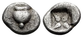 KORKYRA. Korkyra. Circa 510-480 BC. Hemiobol (Silver, 7.2 mm, 0.35 g). Amphora, or, perhaps, a long, pointed aryballos. Rev. Star of four rays; all wi...