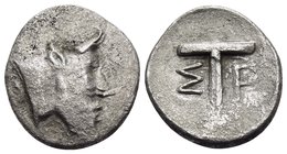 AKARNANIA, Federal Coinage (Akarnanian Confederacy). Circa 420 BC. Trihemiobol (Silver, 12 mm, 1.09 g, 1 h), Stratos. Horned and bearded head of the r...