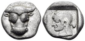 PHOKIS, Federal Coinage. Circa 485-480 BC. Triobol or Hemidrachm (Silver, 13.5 mm, 2.93 g, 2 h). Bull’s head facing. Rev. Φ-O-K-I Head of Artemis to r...