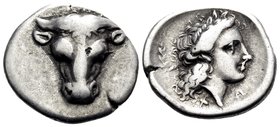 PHOKIS, Federal Coinage. Circa 357-354 BC. Triobol or Hemidrachm (Silver, 15.5 mm, 2.63 g, 11 h), struck under Philomelos. Facing bull’s head. Rev. Φ ...