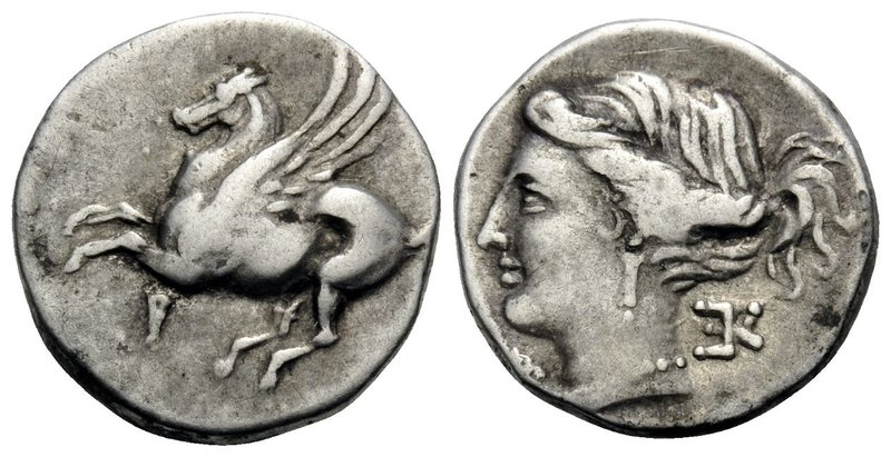 CORINTHIA. Corinth. Circa 350-300 BC. Drachm (Silver, 15 mm, 2.38 g, 12 h). Ϙ Pe...