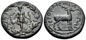 LYDIA. Hierocaesaraea. Period of Trajan and Hadrian, 98-138. Assarion (Bronze, 19 mm, 4.74 g, 1 h). Artemis, in hunting dress, standing left, holding,...