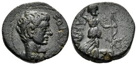 PHRYGIA. Acmoneia. Augustus, 27 BC - 14 AD. (Bronze, 14 mm, 2.71 g, 1 h). ΣEBAΣTOΣ Bare head of Augustus to right. Rev. AKMO[ΝΕΩΝ...] Artemis advancin...