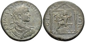 PAMPHYLIA. Side. Elagabalus, 218-222. Tetrassarion or Sestertius (Bronze, 32 mm, 23.71 g, 7 h). AY K M AYP ANTΩNEINOC Laureate, draped and cuirassed b...