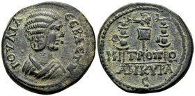 GALATIA. Ancyra. Julia Domna, 193-217. Tetrassarion (Bronze, 29 mm, 15.62 g, 7 h). IOYΛIA CEBACTH Draped bust of Julia Domna to right. Rev. MI-TP-OΠ-O...