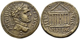 GALATIA. Ancyra. Caracalla, 198 - 217. Tetrassarion (Bronze, 28 mm, 16.59 g, 12 h), after c. 212. ANTΩNINOC AYΓOYCTO-C Laureate head of Caracalla to r...