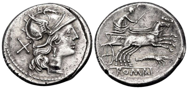 Anonymous, 179-170 BC. Denarius (Silver, 19 mm, 3.23 g, 9 h), Rome. Helmeted hea...