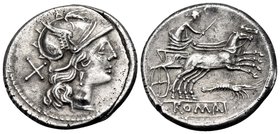 Anonymous, 179-170 BC. Denarius (Silver, 19 mm, 3.23 g, 9 h), Rome. Helmeted head of Roma to right; behind, X. Rev. Luna Lucifera, wearing crescent on...