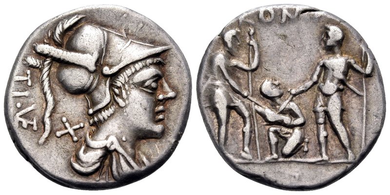Ti. Veturius, 137 BC. Denarius (Silver, 19 mm, 3.87 g, 6 h), Rome. TI VE Helmete...