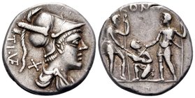 Ti. Veturius, 137 BC. Denarius (Silver, 19 mm, 3.87 g, 6 h), Rome. TI VE Helmeted and draped bust of Mars to right; X to left. Rev. ROMA Oath-taking s...