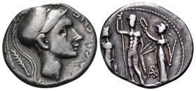 Cn. Blasio Cn.f, 112-111 BC. Denarius (Silver, 18 mm, 3.81 g, 4 h), Rome. CN•BLASIO•CN•F• Helmeted head of Mars (or Scipio Africanus?) to right; behin...