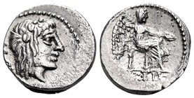 M. Porcius Cato, 89 BC. Quinarius (Silver, 14 mm, 2.22 g, 1 h), Rome. M CATO Head of Liber to right, wearing ivy-wreath. Rev. Victory seated right, ho...