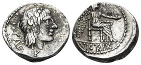 M. Porcius Cato, 89 BC. Quinarius (Silver, 14 mm, 2.20 g, 7 h), Rome. M CATO Head of Liber to right, wearing ivy-wreath; below head, V. Rev. Victory s...